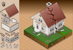 isometric house hit by earthquake